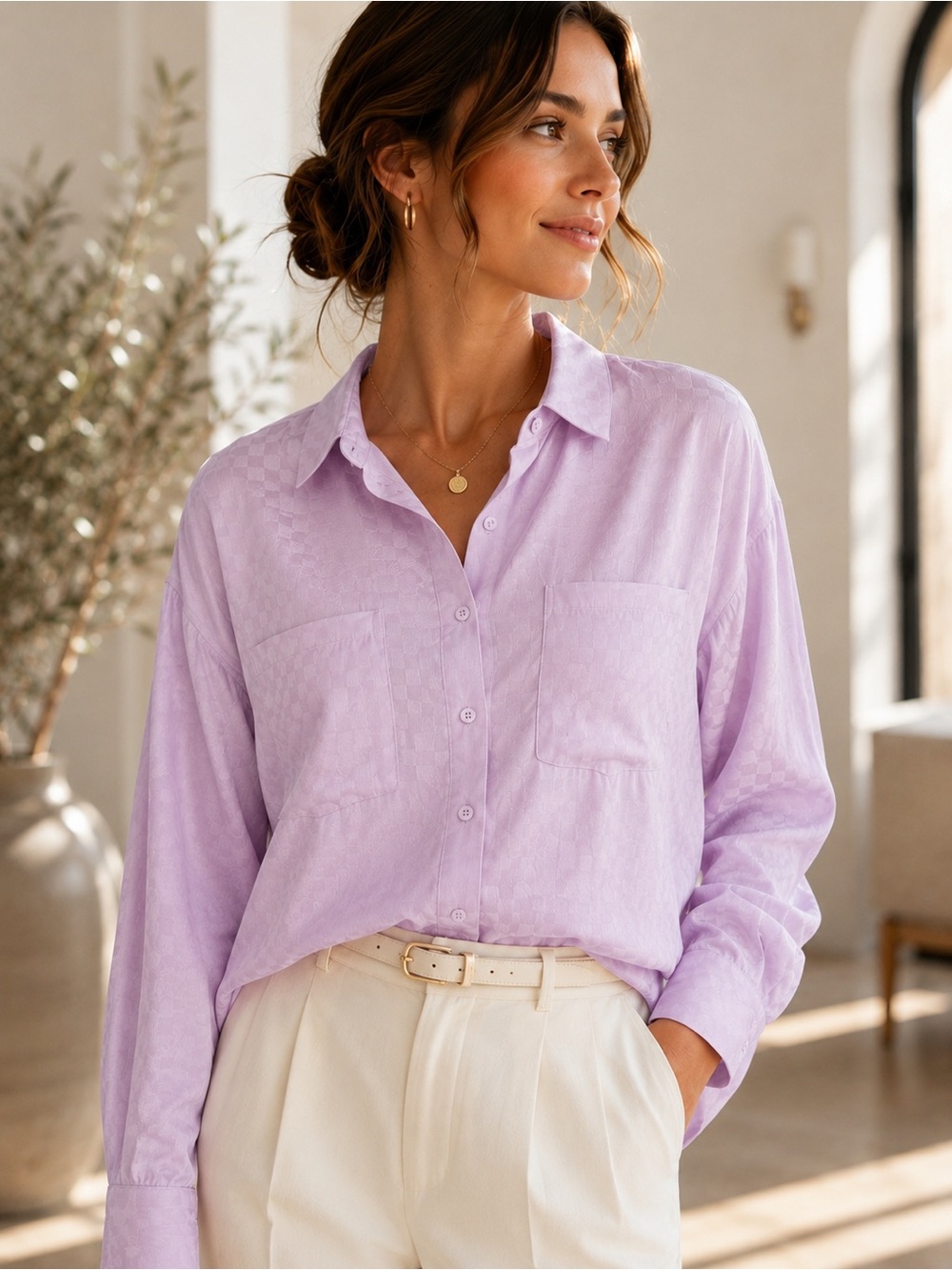 🌸 LE LIS Collection Lilac Jacquard Button-Up Blouse | NWOT | Quiet Luxury | S